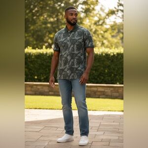 Goodfellow & Co Men’s Polo Shirt Green Tropical Print Size L Short Sleeve